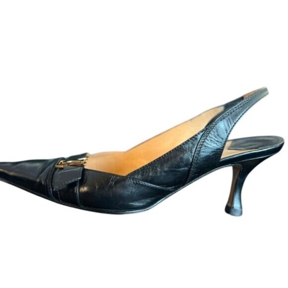 Louis Vuitton Black Leather Slingback Pumps Gold LV Logo Detail Box 39EU 8.5 US - Picture 12 of 13